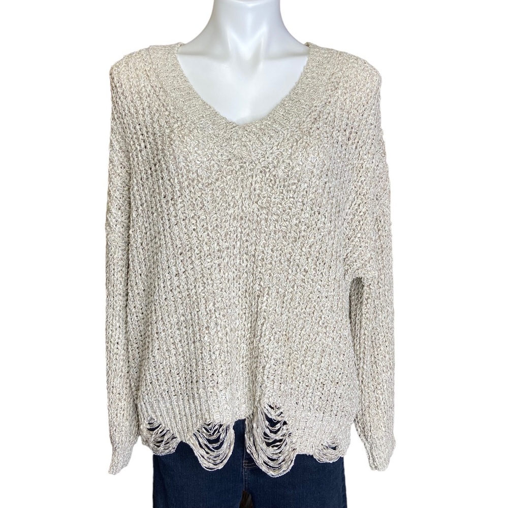 BKE Distressed Knit Long Sleeve Pullover Sweater V Neck Oatmeal Medium